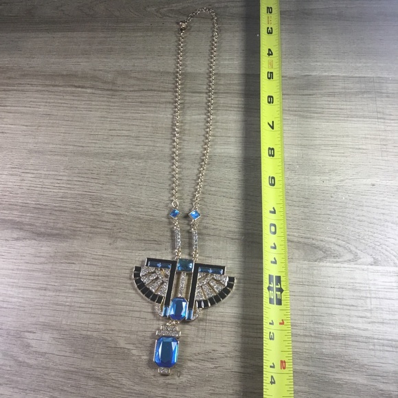 Bohemian Egyptian Elegant Blue and Gold Rhinestone Winged Statement Necklace - Picture 5 of 5